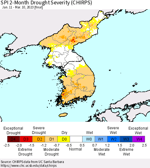 Korea SPI 2-Month Drought Severity (CHIRPS) Thematic Map For 1/11/2023 - 3/10/2023