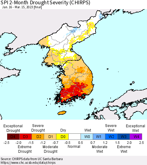 Korea SPI 2-Month Drought Severity (CHIRPS) Thematic Map For 1/16/2023 - 3/15/2023