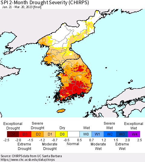 Korea SPI 2-Month Drought Severity (CHIRPS) Thematic Map For 1/21/2023 - 3/20/2023