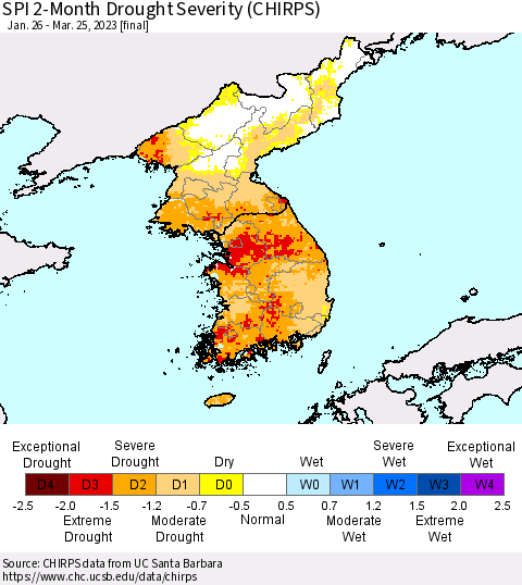 Korea SPI 2-Month Drought Severity (CHIRPS) Thematic Map For 1/26/2023 - 3/25/2023