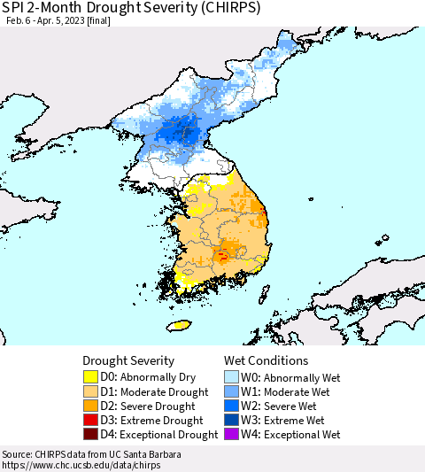 Korea SPI 2-Month Drought Severity (CHIRPS) Thematic Map For 2/6/2023 - 4/5/2023