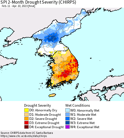 Korea SPI 2-Month Drought Severity (CHIRPS) Thematic Map For 2/11/2023 - 4/10/2023