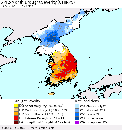 Korea SPI 2-Month Drought Severity (CHIRPS) Thematic Map For 2/16/2023 - 4/15/2023