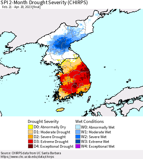 Korea SPI 2-Month Drought Severity (CHIRPS) Thematic Map For 2/21/2023 - 4/20/2023