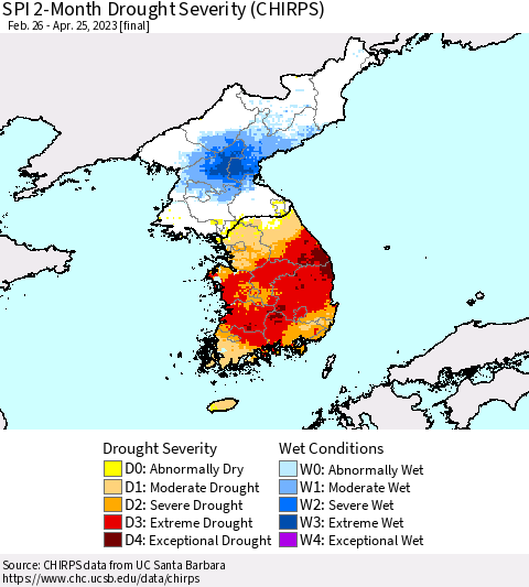 Korea SPI 2-Month Drought Severity (CHIRPS) Thematic Map For 2/26/2023 - 4/25/2023