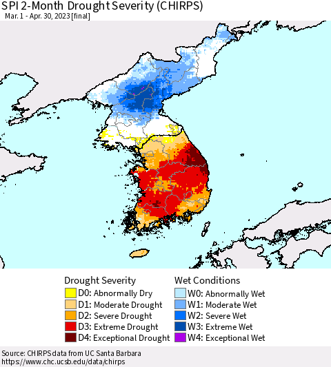 Korea SPI 2-Month Drought Severity (CHIRPS) Thematic Map For 3/1/2023 - 4/30/2023