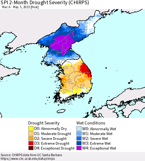 Korea SPI 2-Month Drought Severity (CHIRPS) Thematic Map For 3/6/2023 - 5/5/2023