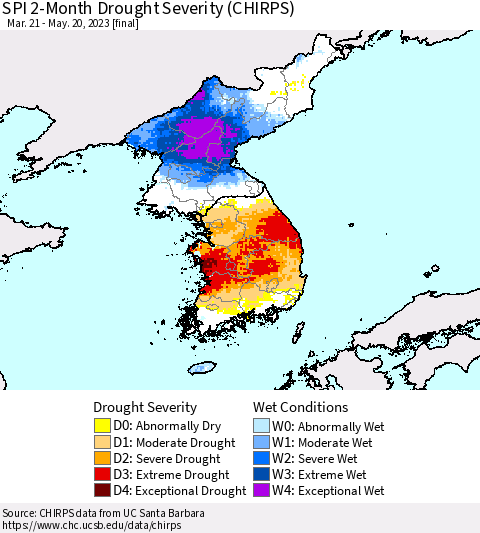 Korea SPI 2-Month Drought Severity (CHIRPS) Thematic Map For 3/21/2023 - 5/20/2023