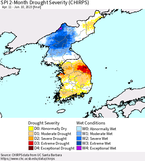 Korea SPI 2-Month Drought Severity (CHIRPS) Thematic Map For 4/11/2023 - 6/10/2023