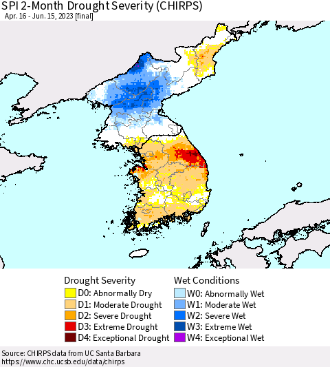 Korea SPI 2-Month Drought Severity (CHIRPS) Thematic Map For 4/16/2023 - 6/15/2023
