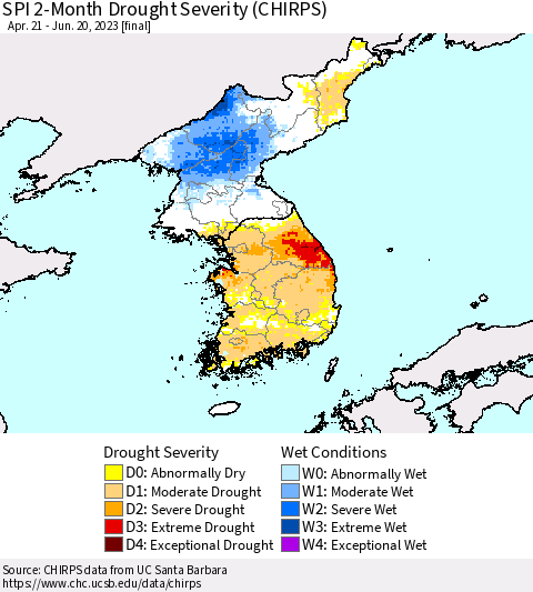 Korea SPI 2-Month Drought Severity (CHIRPS) Thematic Map For 4/21/2023 - 6/20/2023