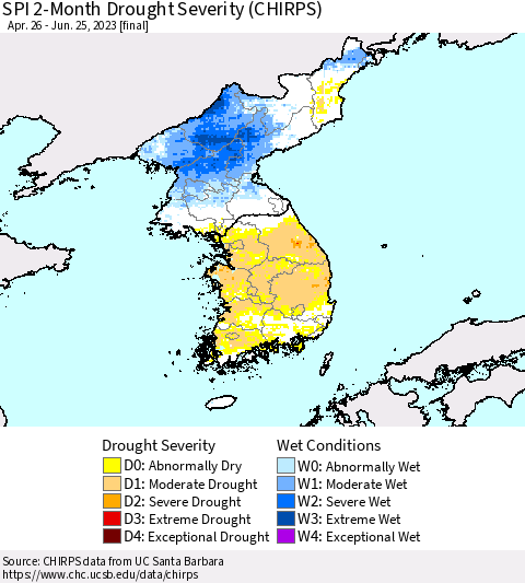 Korea SPI 2-Month Drought Severity (CHIRPS) Thematic Map For 4/26/2023 - 6/25/2023