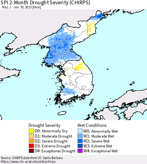Korea SPI 2-Month Drought Severity (CHIRPS) Thematic Map For 5/1/2023 - 6/30/2023