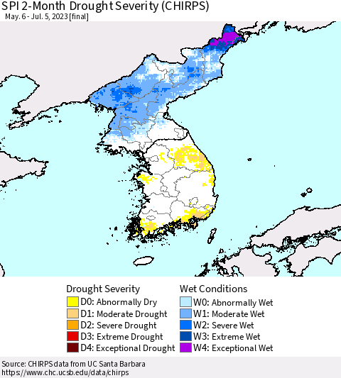 Korea SPI 2-Month Drought Severity (CHIRPS) Thematic Map For 5/6/2023 - 7/5/2023
