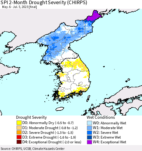 Korea SPI 2-Month Drought Severity (CHIRPS) Thematic Map For 5/6/2023 - 7/5/2023