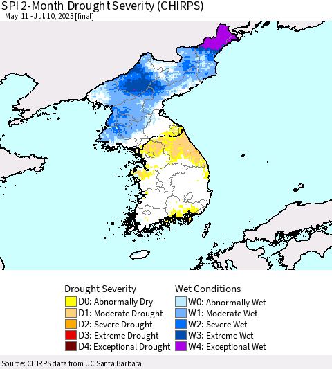 Korea SPI 2-Month Drought Severity (CHIRPS) Thematic Map For 5/11/2023 - 7/10/2023