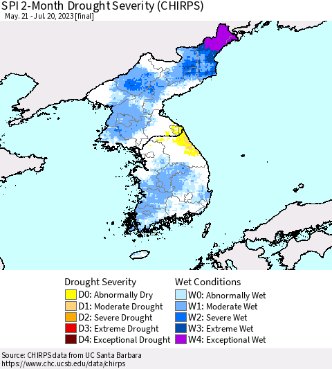 Korea SPI 2-Month Drought Severity (CHIRPS) Thematic Map For 5/21/2023 - 7/20/2023
