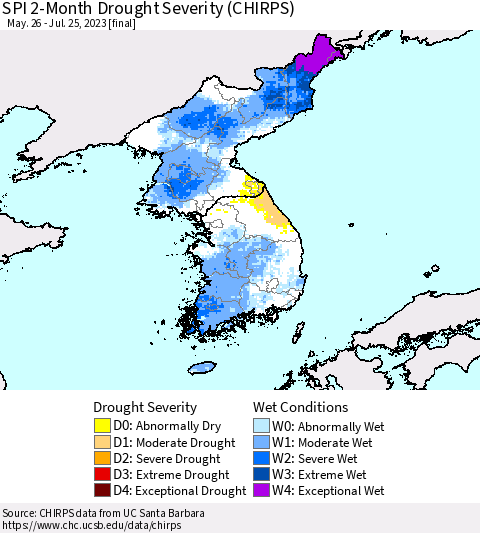 Korea SPI 2-Month Drought Severity (CHIRPS) Thematic Map For 5/26/2023 - 7/25/2023
