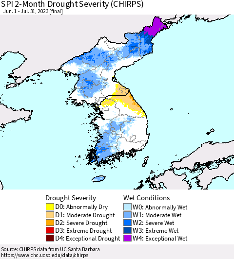 Korea SPI 2-Month Drought Severity (CHIRPS) Thematic Map For 6/1/2023 - 7/31/2023