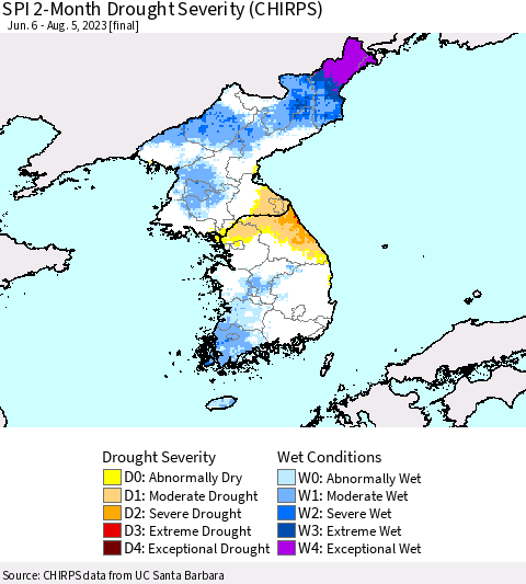 Korea SPI 2-Month Drought Severity (CHIRPS) Thematic Map For 6/6/2023 - 8/5/2023