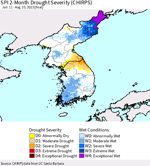 Korea SPI 2-Month Drought Severity (CHIRPS) Thematic Map For 6/11/2023 - 8/10/2023