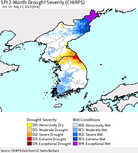 Korea SPI 2-Month Drought Severity (CHIRPS) Thematic Map For 6/16/2023 - 8/15/2023