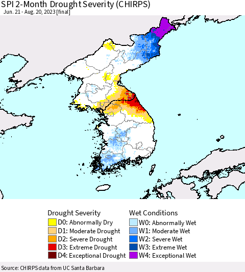 Korea SPI 2-Month Drought Severity (CHIRPS) Thematic Map For 6/21/2023 - 8/20/2023