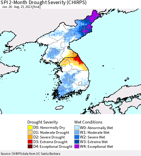Korea SPI 2-Month Drought Severity (CHIRPS) Thematic Map For 6/26/2023 - 8/25/2023