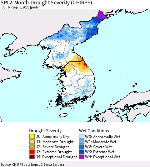 Korea SPI 2-Month Drought Severity (CHIRPS) Thematic Map For 7/6/2023 - 9/5/2023