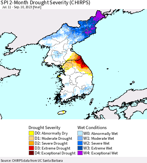 Korea SPI 2-Month Drought Severity (CHIRPS) Thematic Map For 7/11/2023 - 9/10/2023