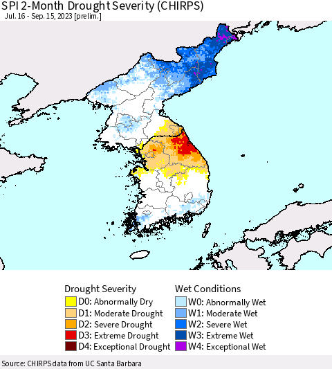 Korea SPI 2-Month Drought Severity (CHIRPS) Thematic Map For 7/16/2023 - 9/15/2023