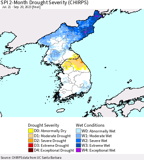Korea SPI 2-Month Drought Severity (CHIRPS) Thematic Map For 7/21/2023 - 9/20/2023