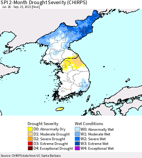 Korea SPI 2-Month Drought Severity (CHIRPS) Thematic Map For 7/26/2023 - 9/25/2023