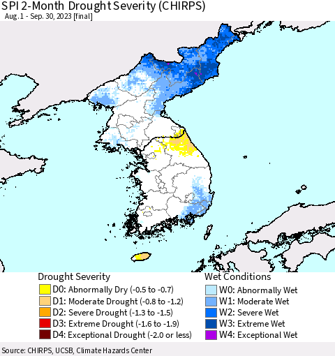 Korea SPI 2-Month Drought Severity (CHIRPS) Thematic Map For 8/1/2023 - 9/30/2023