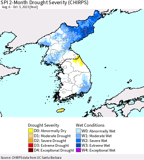 Korea SPI 2-Month Drought Severity (CHIRPS) Thematic Map For 8/6/2023 - 10/5/2023