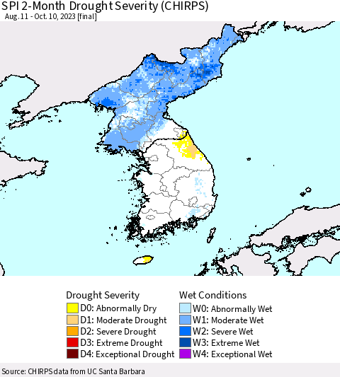 Korea SPI 2-Month Drought Severity (CHIRPS) Thematic Map For 8/11/2023 - 10/10/2023