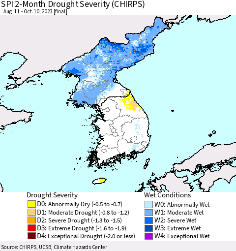 Korea SPI 2-Month Drought Severity (CHIRPS) Thematic Map For 8/11/2023 - 10/10/2023