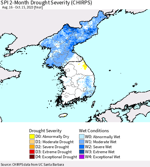 Korea SPI 2-Month Drought Severity (CHIRPS) Thematic Map For 8/16/2023 - 10/15/2023