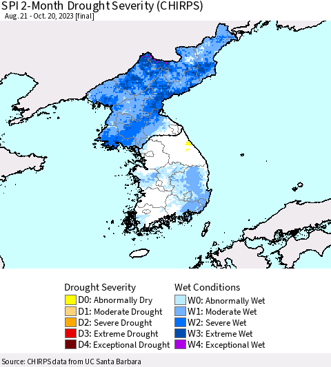Korea SPI 2-Month Drought Severity (CHIRPS) Thematic Map For 8/21/2023 - 10/20/2023