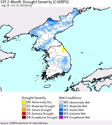 Korea SPI 2-Month Drought Severity (CHIRPS) Thematic Map For 8/26/2023 - 10/25/2023