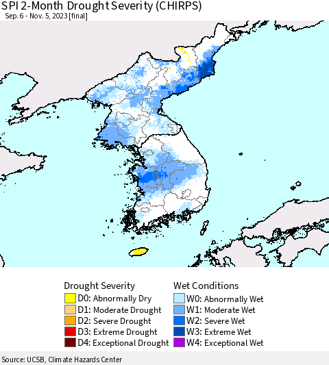 Korea SPI 2-Month Drought Severity (CHIRPS) Thematic Map For 9/6/2023 - 11/5/2023