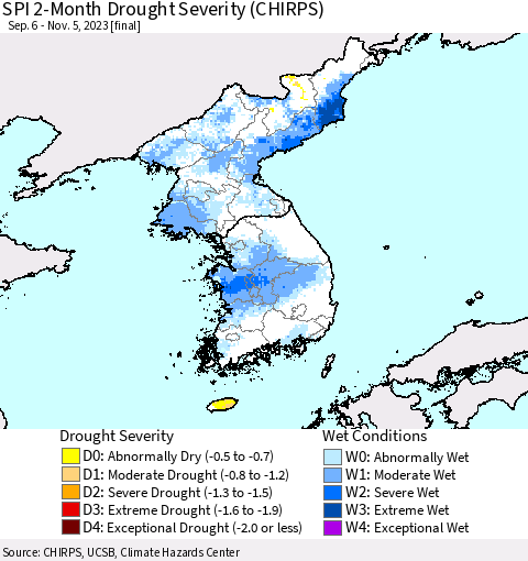 Korea SPI 2-Month Drought Severity (CHIRPS) Thematic Map For 9/6/2023 - 11/5/2023