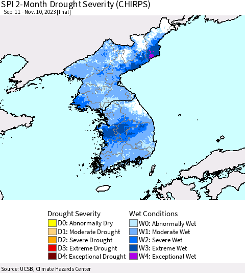 Korea SPI 2-Month Drought Severity (CHIRPS) Thematic Map For 9/11/2023 - 11/10/2023