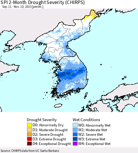 Korea SPI 2-Month Drought Severity (CHIRPS) Thematic Map For 9/11/2023 - 11/10/2023