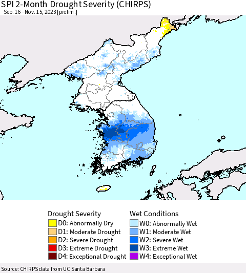 Korea SPI 2-Month Drought Severity (CHIRPS) Thematic Map For 9/16/2023 - 11/15/2023