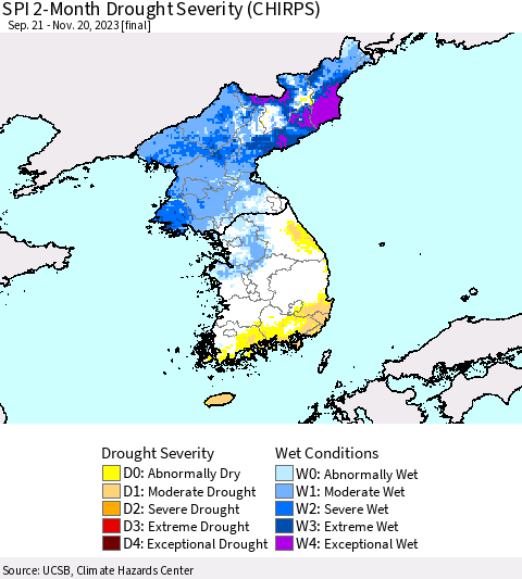 Korea SPI 2-Month Drought Severity (CHIRPS) Thematic Map For 9/21/2023 - 11/20/2023