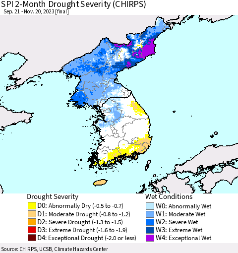 Korea SPI 2-Month Drought Severity (CHIRPS) Thematic Map For 9/21/2023 - 11/20/2023