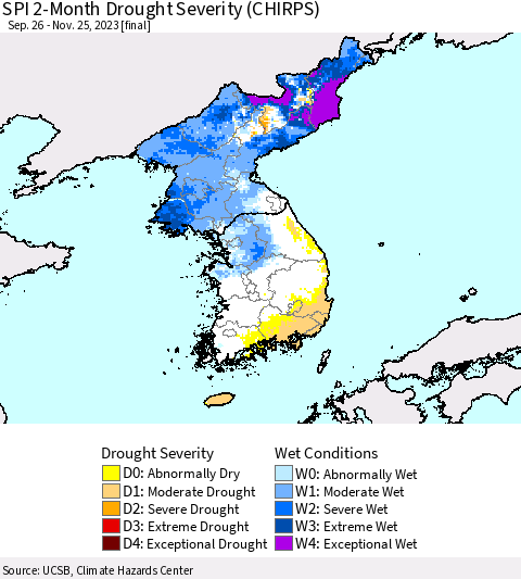 Korea SPI 2-Month Drought Severity (CHIRPS) Thematic Map For 9/26/2023 - 11/25/2023