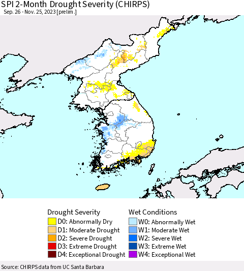 Korea SPI 2-Month Drought Severity (CHIRPS) Thematic Map For 9/26/2023 - 11/25/2023
