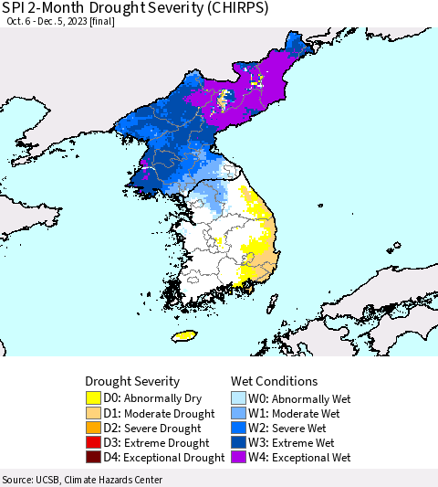 Korea SPI 2-Month Drought Severity (CHIRPS) Thematic Map For 10/6/2023 - 12/5/2023